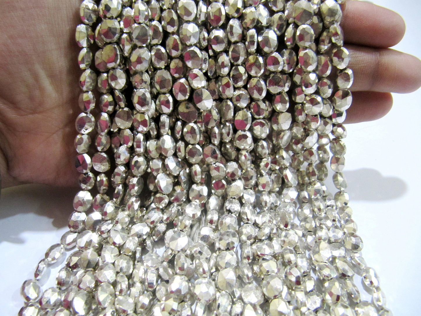 Natural Silver Pyrite Beads Oval Faceted Silver Coated Pyrite Beads 5x7mm to 6x8mm Size Beads Strand 9 inches long  wholesale Prices