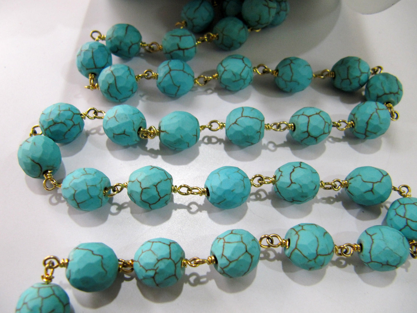 Turquoise Round faceted 10mm beads Rosary Chain Handmade Beaded Gemstone Chain Wire Wrapped Chain Wholesale  sold per foot Gold Plated