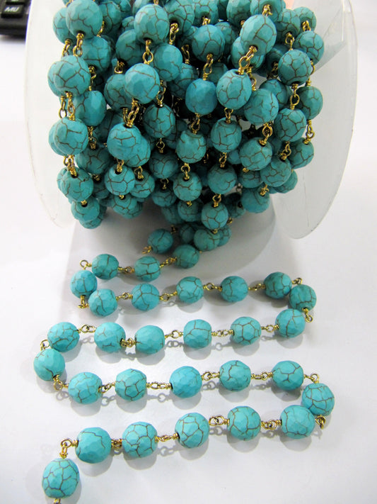 Turquoise Round faceted 10mm beads Rosary Chain Handmade Beaded Gemstone Chain Wire Wrapped Chain Wholesale  sold per foot Gold Plated
