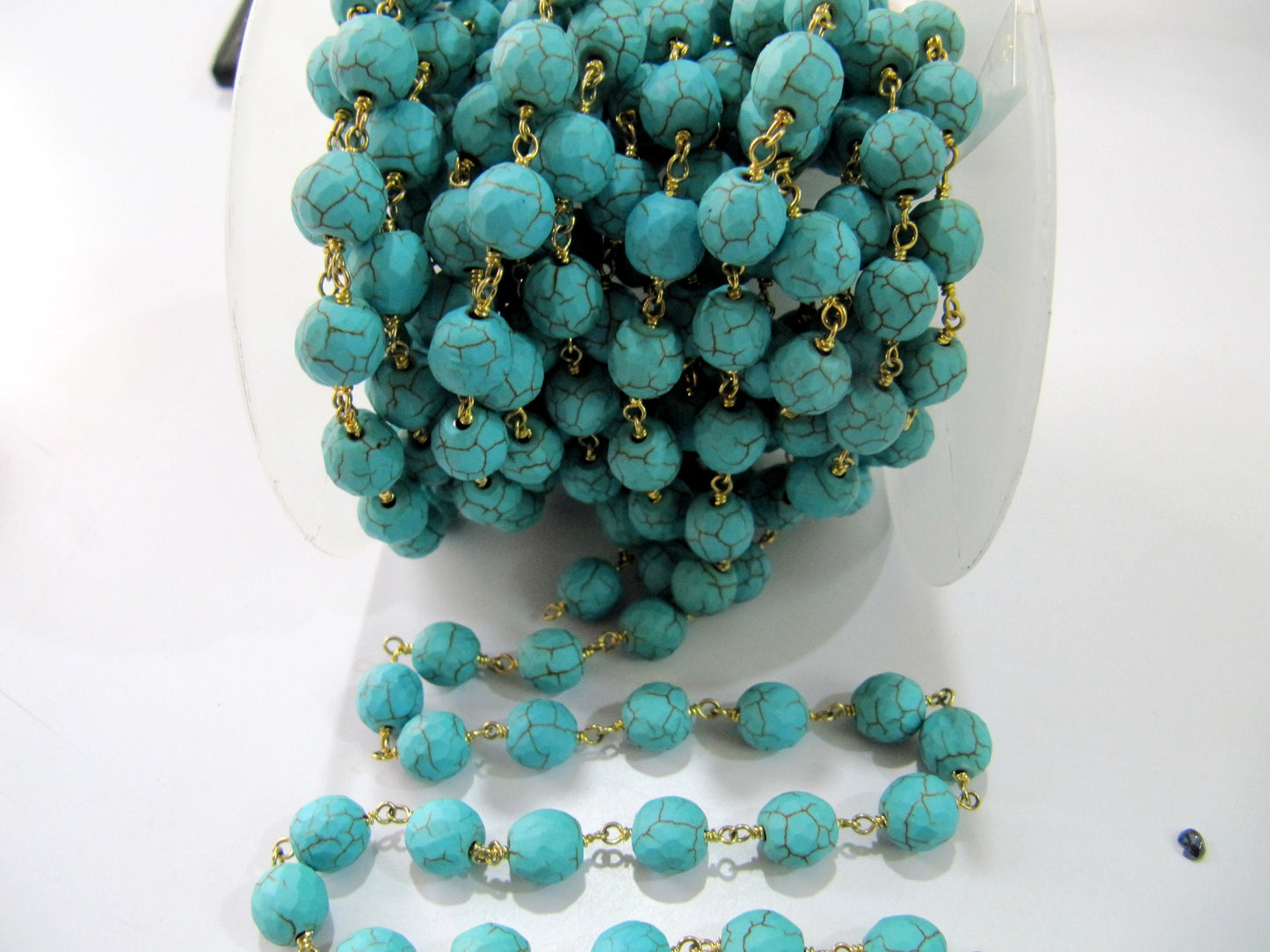 Turquoise Round faceted 10mm beads Rosary Chain Handmade Beaded Gemstone Chain Wire Wrapped Chain Wholesale  sold per foot Gold Plated