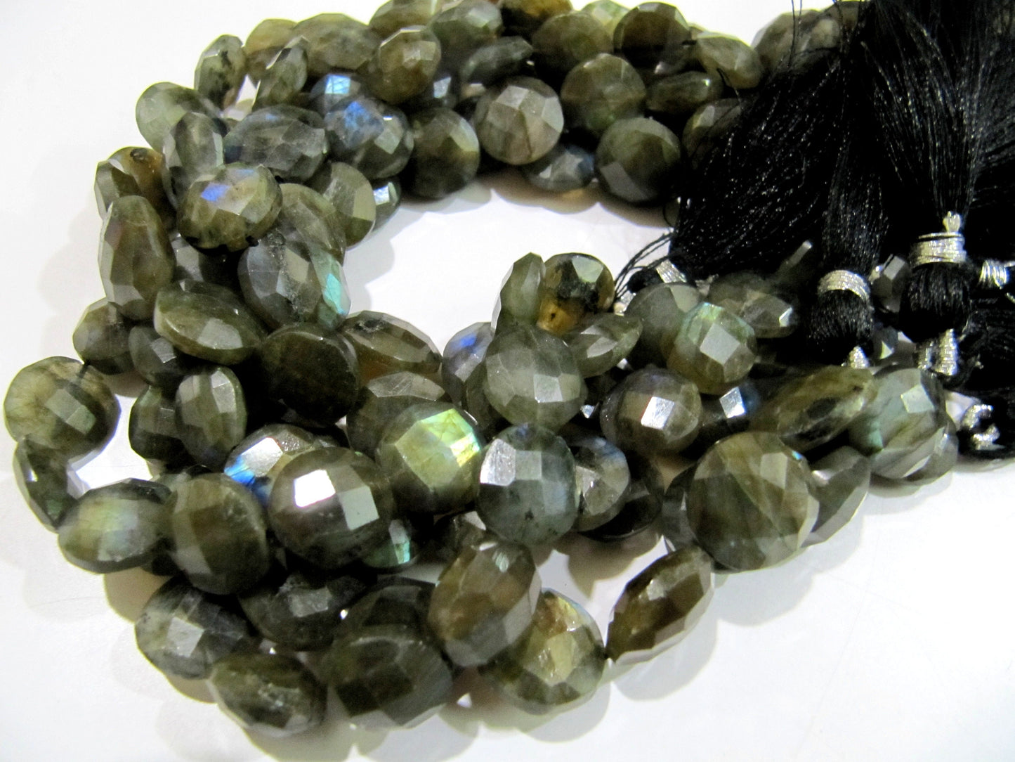 Natural Labradorite Coin Shape Briolette 10-18mm Beads Blue Flashy  Strands 8.5 inch Long Black Rainbow Jewelry Making Gemstone Beads