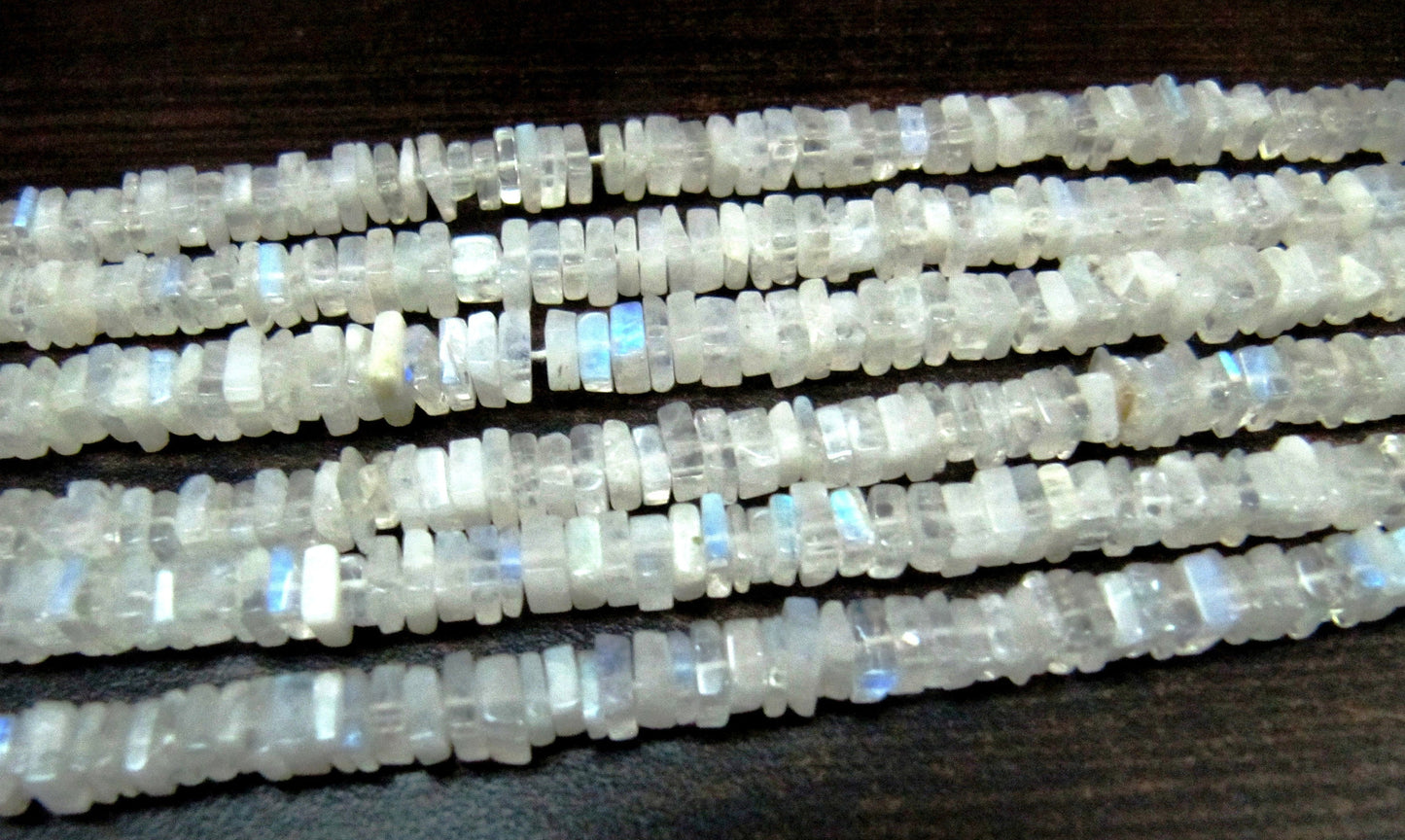 Top Quality Natural Rainbow Moonstone Heishi Cut Beads / Blue Flashy White Moonstone 4-5mm Size Beads / Strand 8 inch / Square Shape Beads