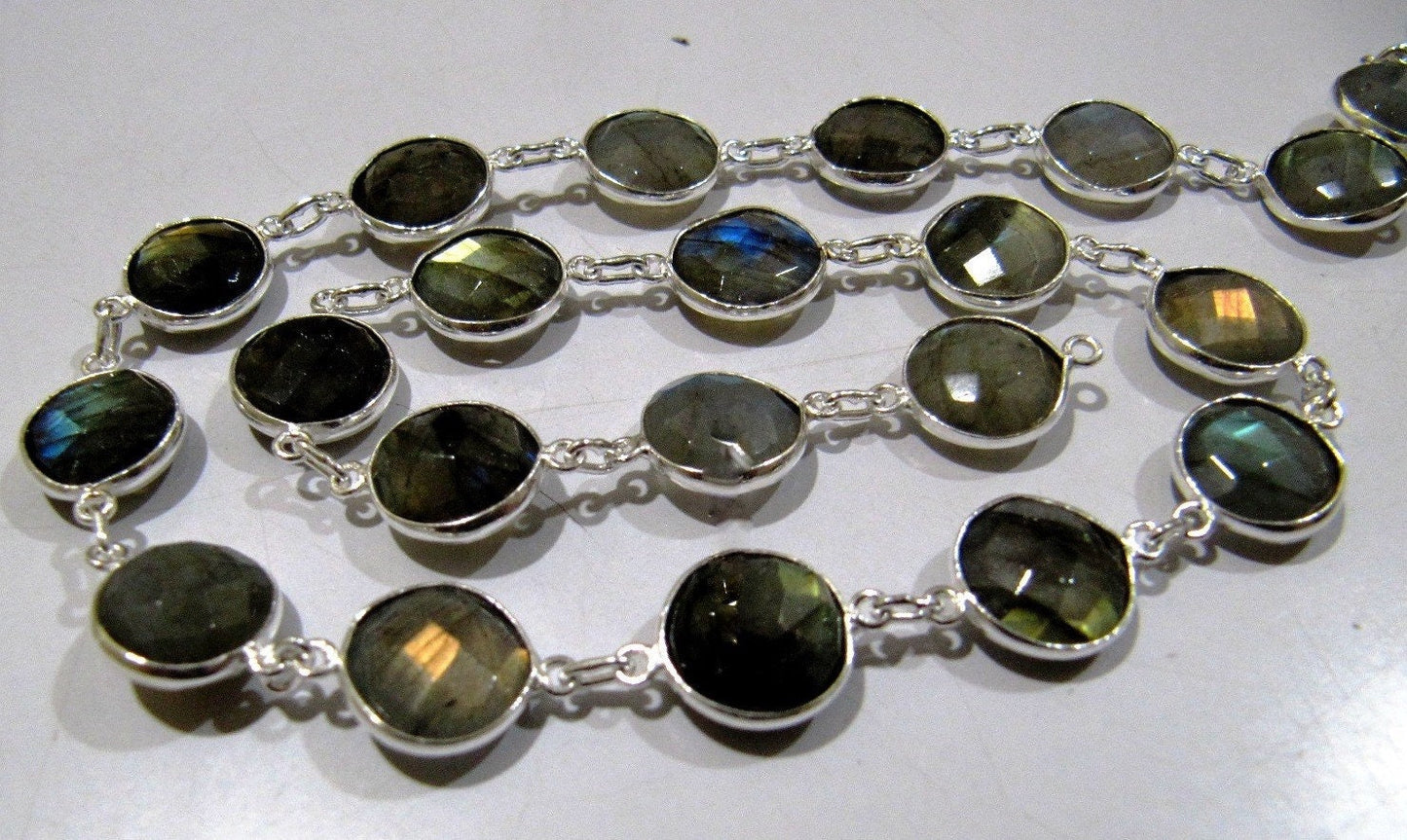 Natural Labradorite Coin Round Shape Briolette faceted Bezel Connector Chain 11mm Gold/Silver/ Black Rose Gold Plated Sold Per Foot