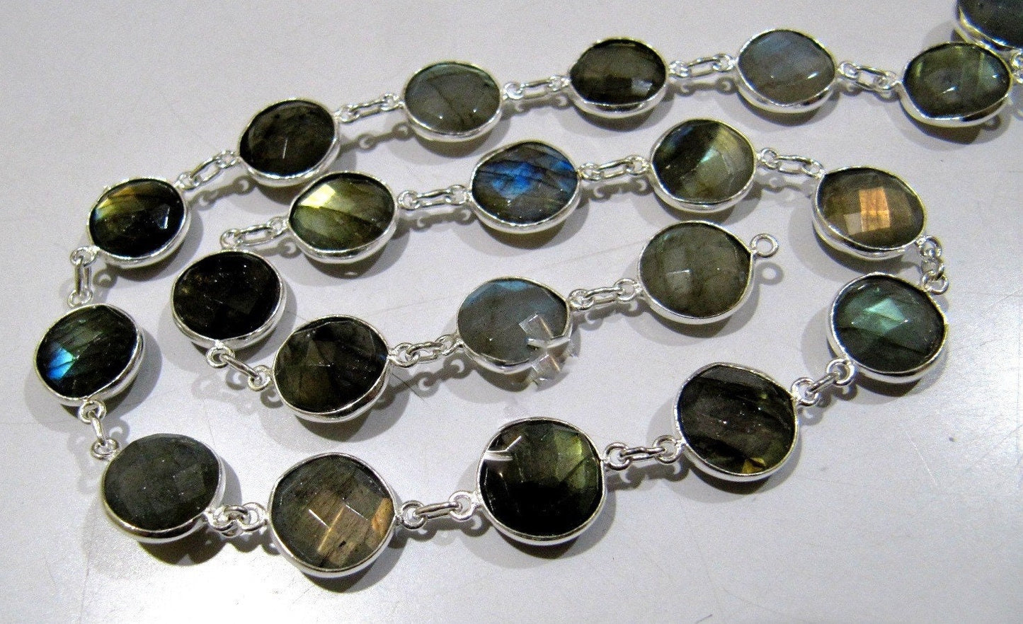 Natural Labradorite Coin Round Shape Briolette faceted Bezel Connector Chain 11mm Gold/Silver/ Black Rose Gold Plated Sold Per Foot