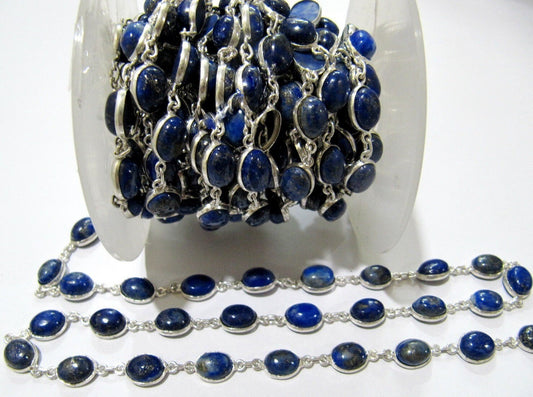 Natural Lapis Lazuli Oval Cabochon Connector Chain Lapis Plain Beads Connector Chain 7x9mm Silver Plated Gemstone Bezel Chain sold per Foot