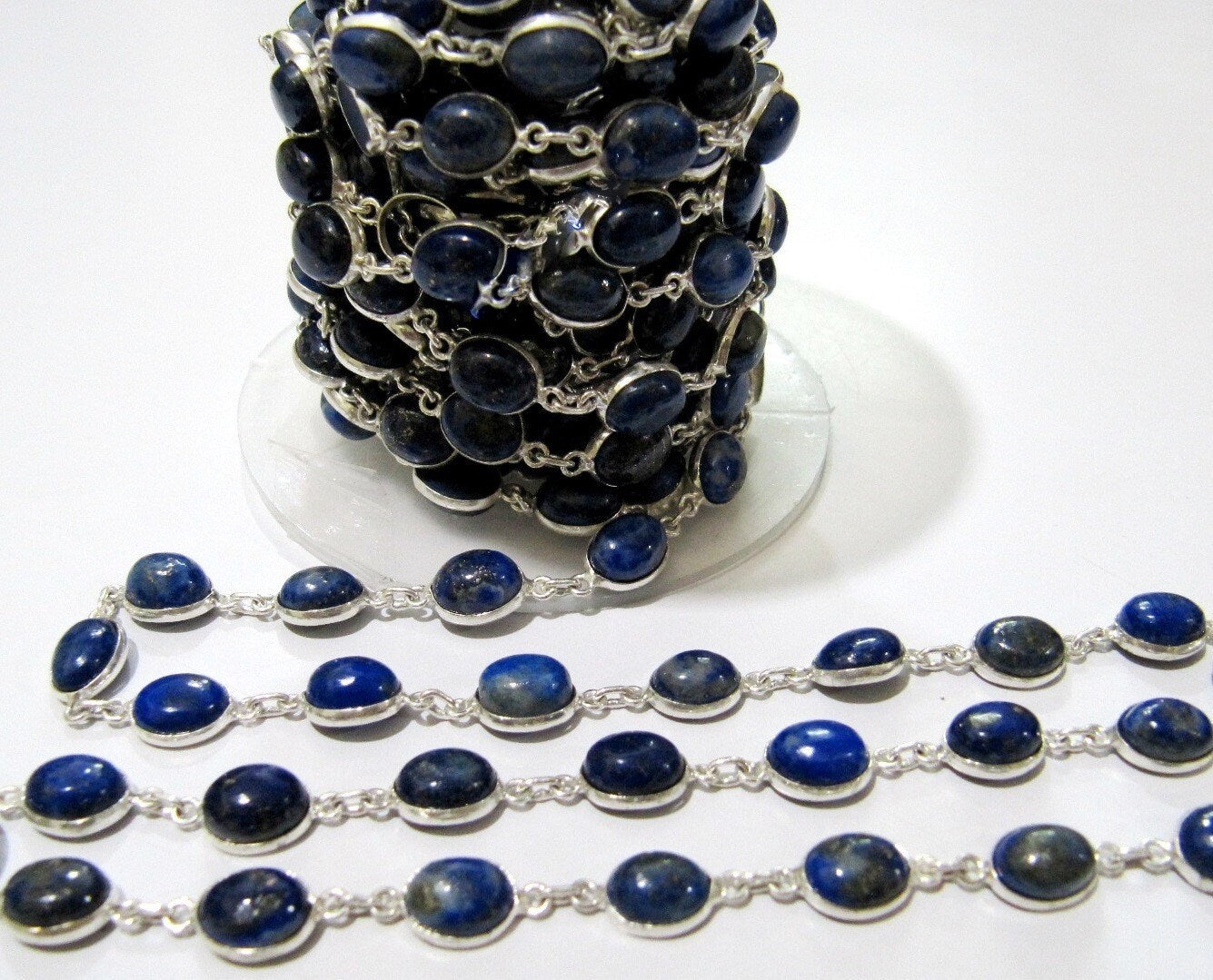 Natural Lapis Lazuli Oval Cabochon Connector Chain Lapis Plain Beads Connector Chain 7x9mm Silver Plated Gemstone Bezel Chain sold per Foot