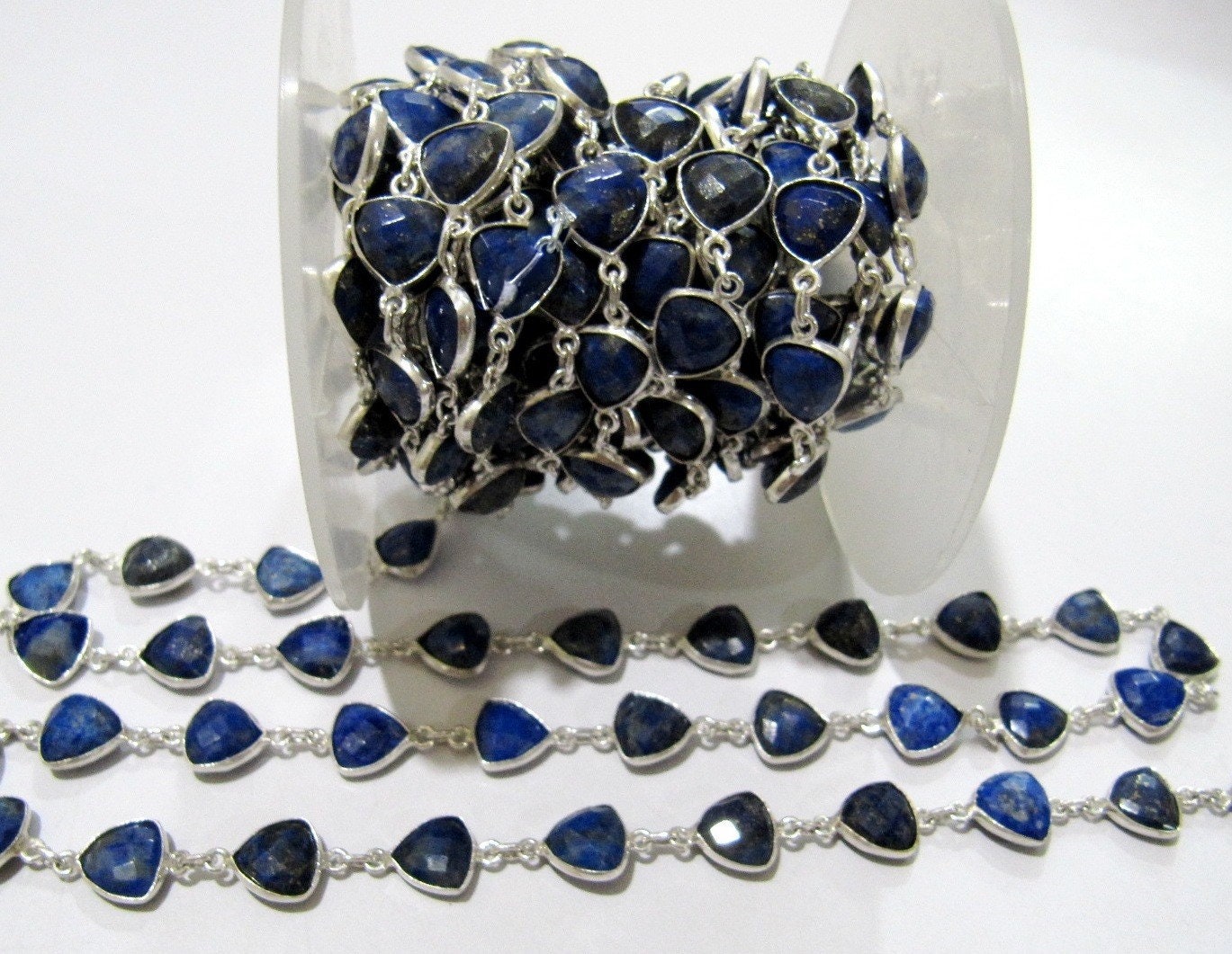 Natural Lapis Lazuli Trillian Cut Connector Chain Briolette Connector Chain 8 mm Silver Plated Gemstone Bezel Chain Sold per foot