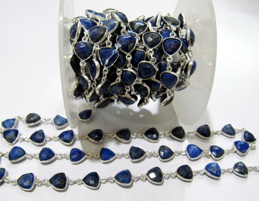 Natural Lapis Lazuli Trillian Cut Connector Chain Briolette Connector Chain 8 mm Silver Plated Gemstone Bezel Chain Sold per foot