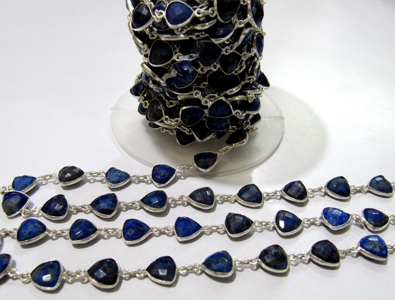 Natural Lapis Lazuli Trillian Cut Connector Chain Briolette Connector Chain 8 mm Silver Plated Gemstone Bezel Chain Sold per foot