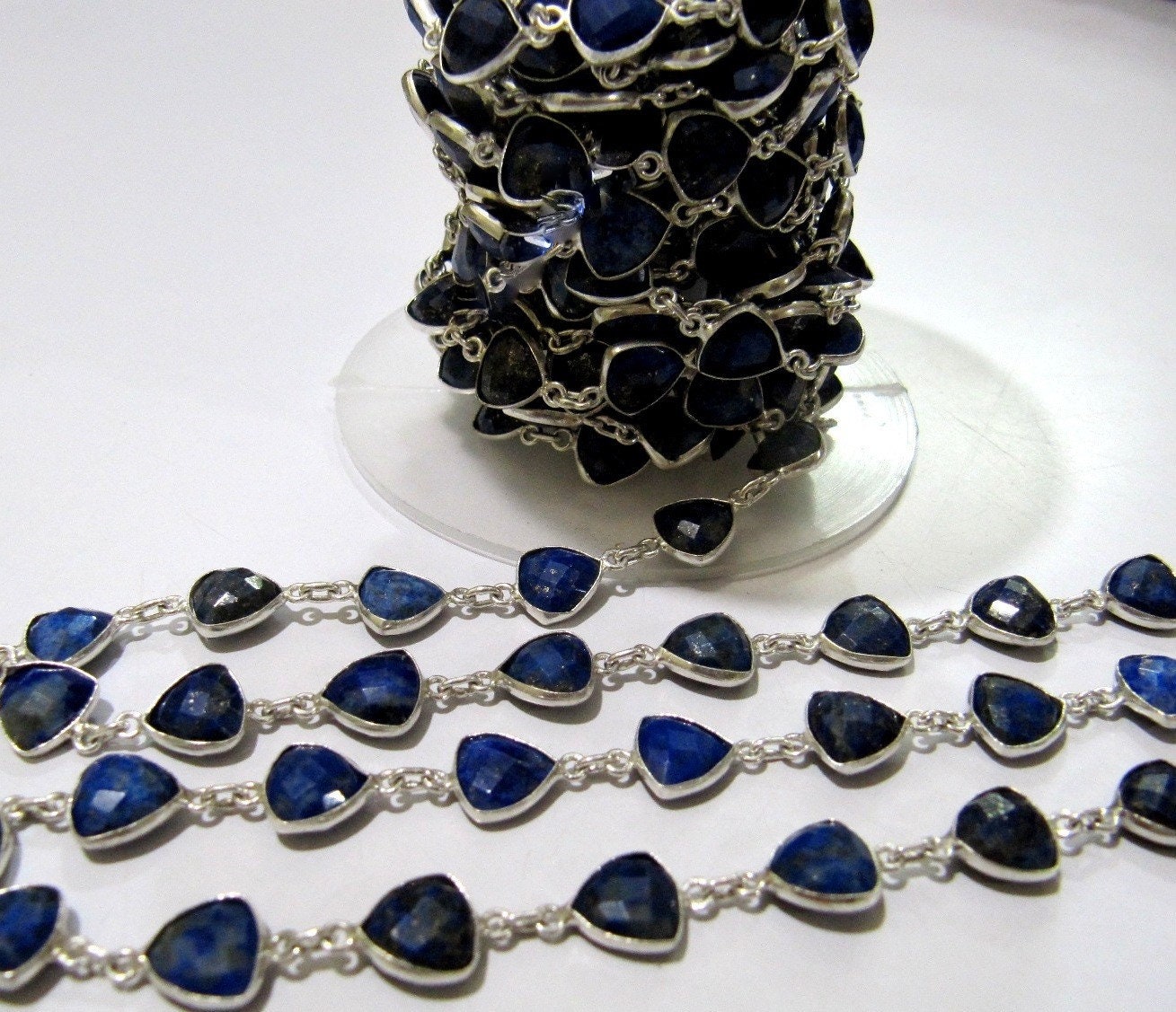 Natural Lapis Lazuli Trillian Cut Connector Chain Briolette Connector Chain 8 mm Silver Plated Gemstone Bezel Chain Sold per foot