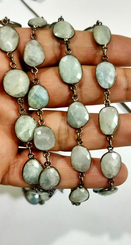 1 Foot- Natural Aquamarine Mystic Coated Briolette Connector Chain Free Shape Briolette Bezel Connector Chain 12 to 15 mm Gemstone chain