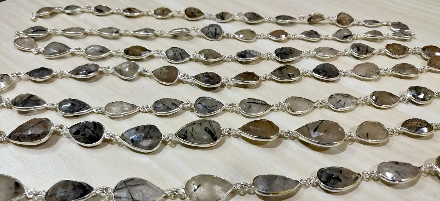 Top quality Natural Black Rutilated Quartz Pear shape 10x14mm to 15x20mm briolette bezel connector silver plated Gemstone chain