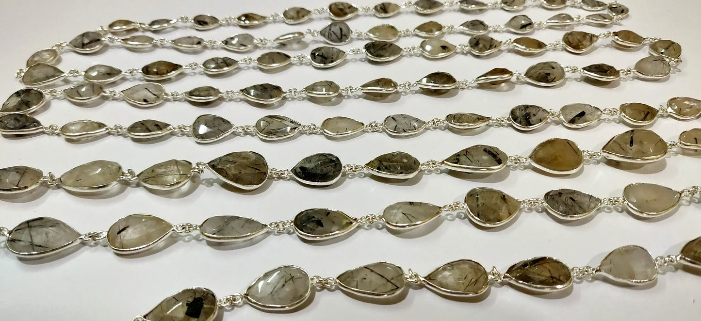 Top quality Natural Black Rutilated Quartz Pear shape 10x14mm to 15x20mm briolette bezel connector silver plated Gemstone chain