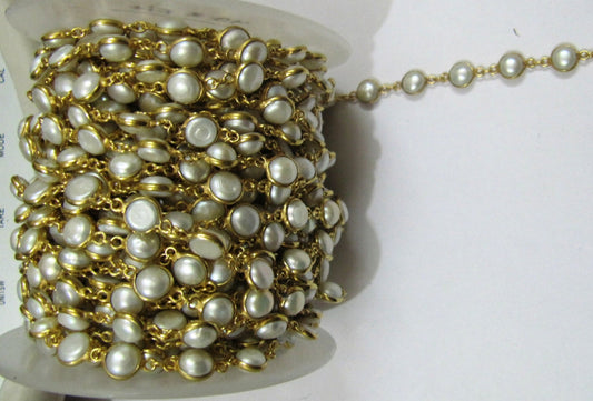 Natural Pearl Tiff Chain 6-7mm Pearl Coin Shape Bezel Connector handmade chain sold per foot