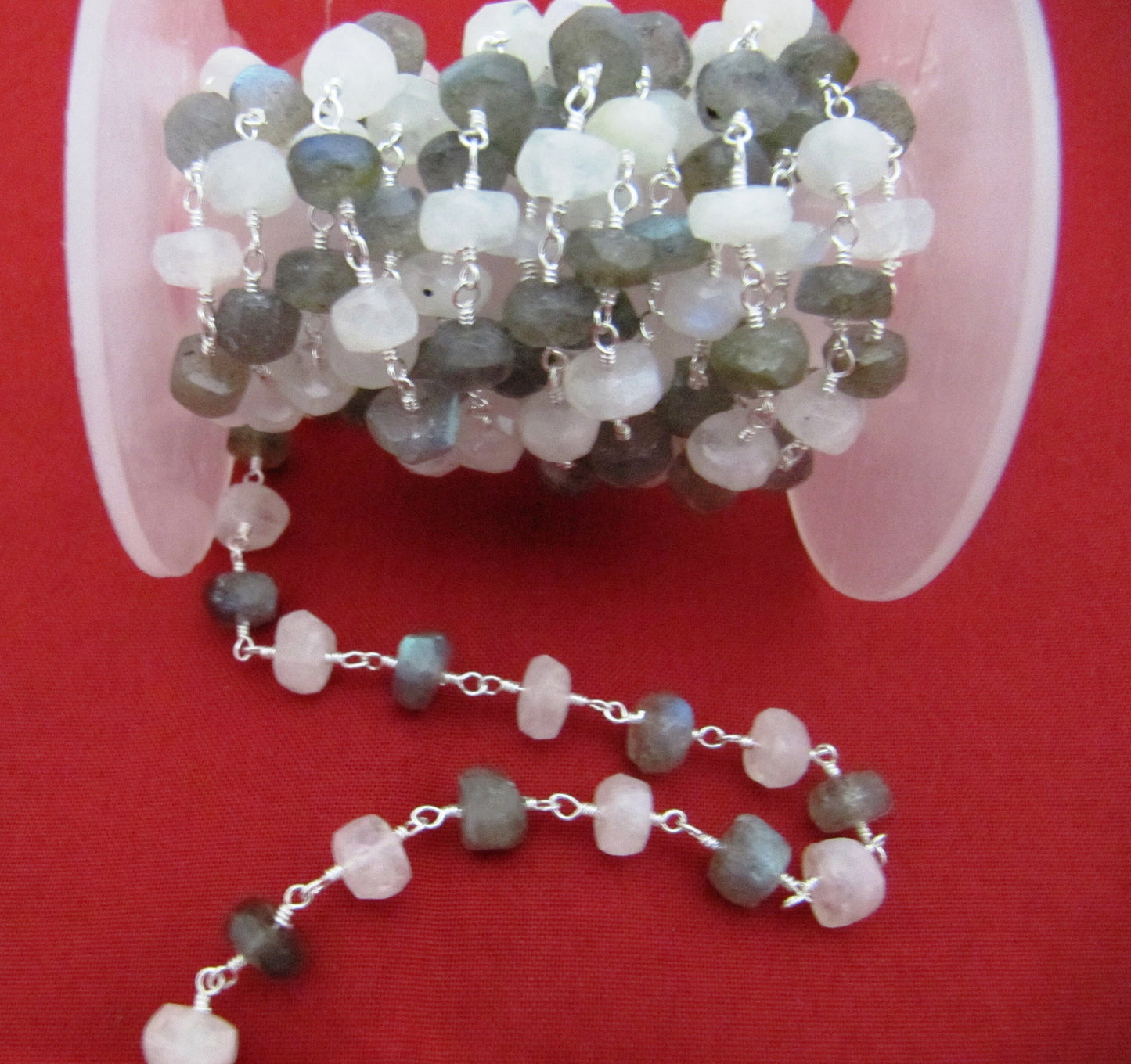 Natural Labradorite and Rainbow Moonstone 5-7mm Rondelle  Faceted Rosary Beaded Chain Semi Precious Beads Wholesale Prices sold per foot