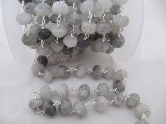 Black Rutilated Quartz Rondelle 6-8mm Briolette Faceted Beaded Rosary Chain Sold Per Foot High Quality Wholesale Prices