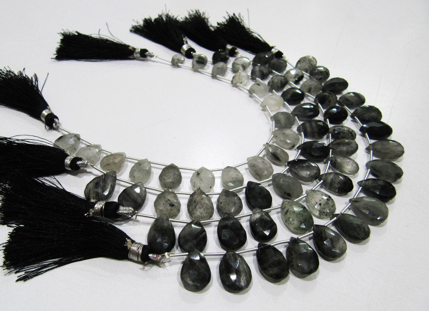 Natural Genuine Black Rutilated Quartz Pear Shape Briolette Beads, Size 10x13 to 11x16mm Black Rutile Heart Shape Beads, Strand 8Inch Long