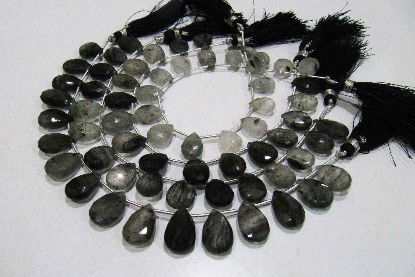 Natural Genuine Black Rutilated Quartz Pear Shape Briolette Beads, Size 10x13 to 11x16mm Black Rutile Heart Shape Beads, Strand 8Inch Long