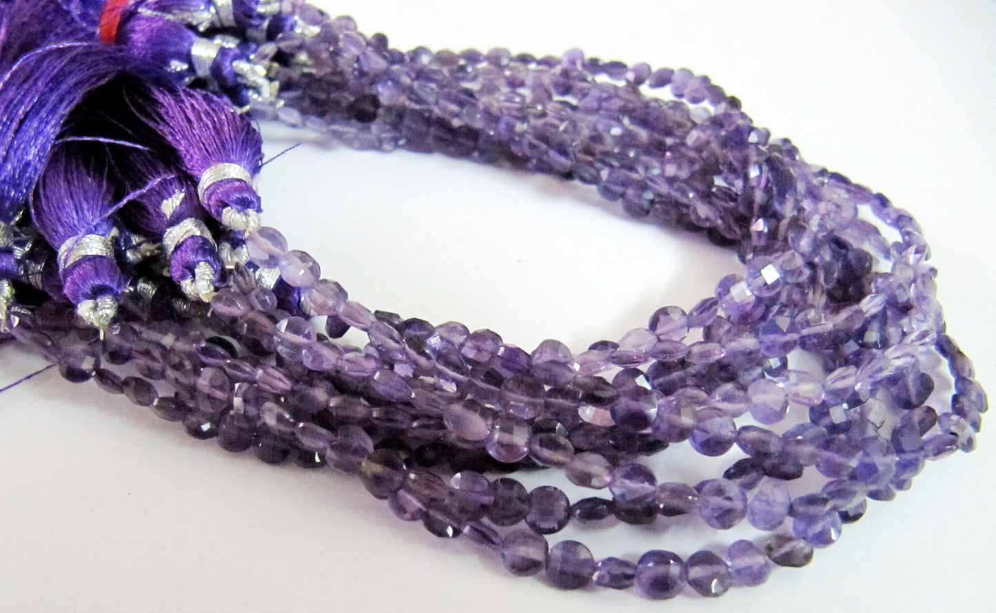Natural Amethyst Faceted Coin shape briolette 6mm Beads sold per Strand 8 Inch Long   African Amethyst Gemstone Purple beads