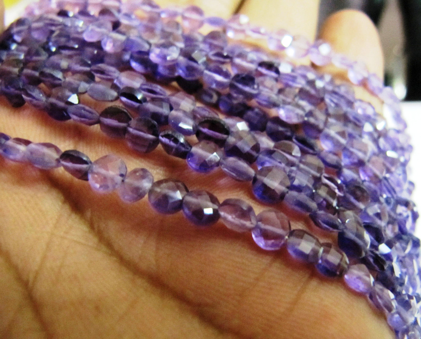 Natural Amethyst Faceted Coin shape briolette 6mm Beads sold per Strand 8 Inch Long   African Amethyst Gemstone Purple beads