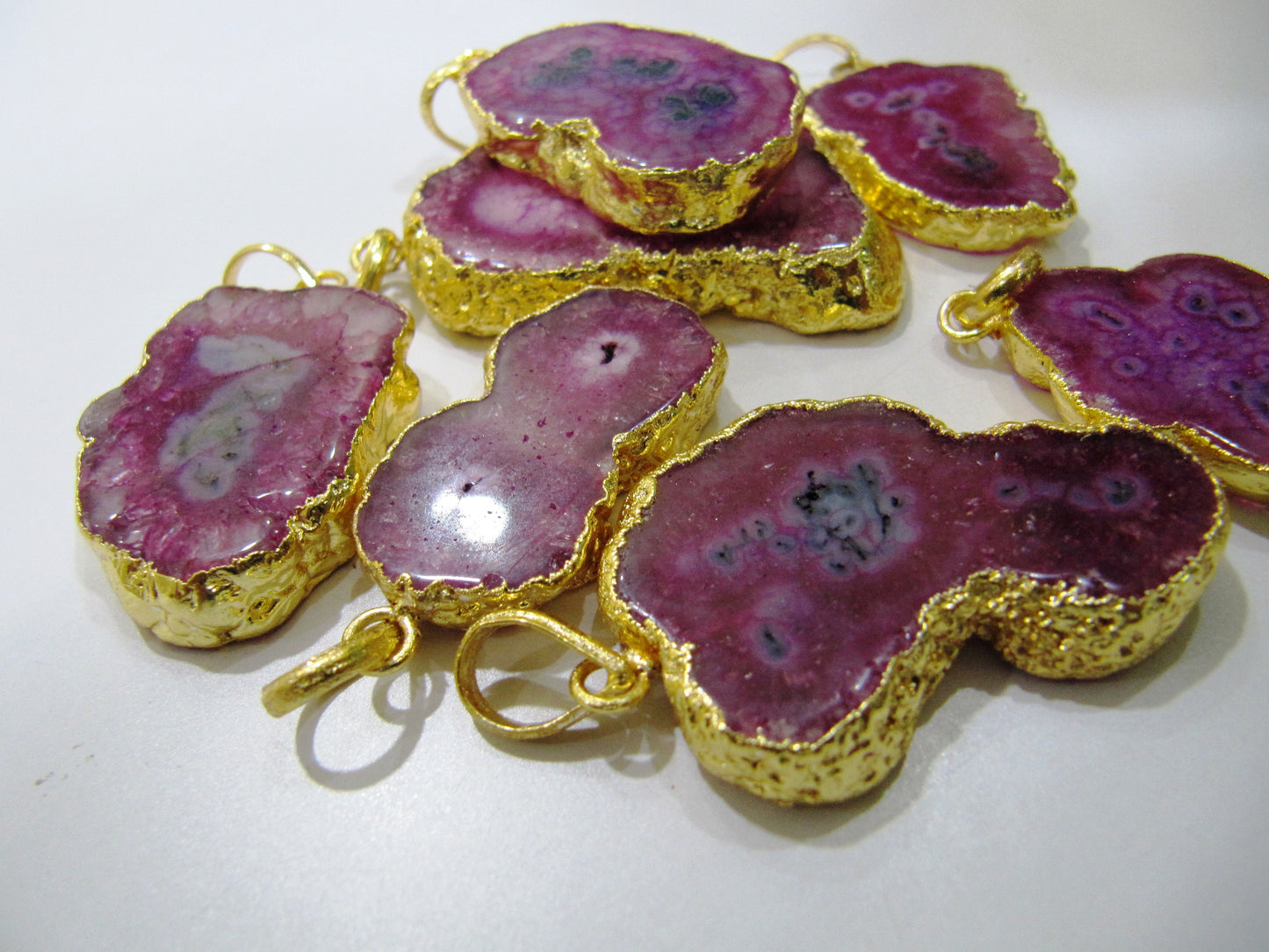 Natural Dark Pink Solar Quartz Stalactite Connectors Pendants size 30 to 50 mm, 24 Kt Gold Electroplated Druzy Slices Free Shape Pendant
