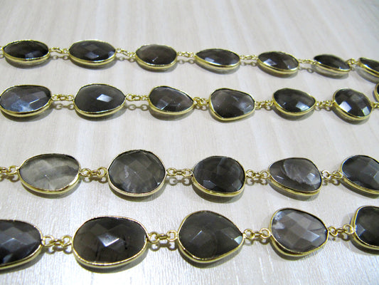 Natural Grey Moonstone Nugget shape Briolette Bezel Connector Chain Uneven Free Shape 12to15mm Gold/Silver/Black/Rose Plated Sold Per Foot