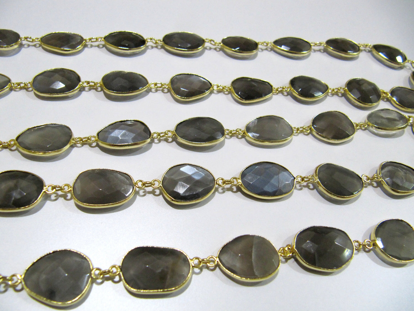 Natural Grey Moonstone Nugget shape Briolette Bezel Connector Chain Uneven Free Shape 12to15mm Gold/Silver/Black/Rose Plated Sold Per Foot