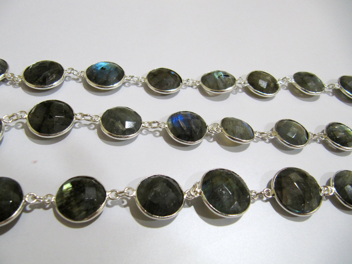 Natural Grey Moonstone Nugget shape Briolette Bezel Connector Chain Uneven Free Shape 12to15mm Gold/Silver/Black/Rose Plated Sold Per Foot