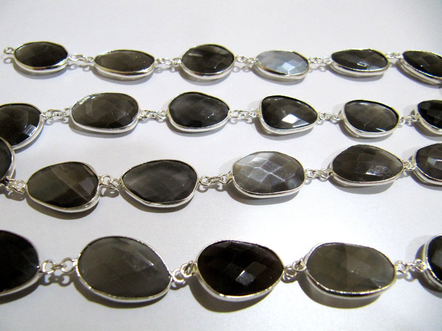 Natural Grey Moonstone Nugget shape Briolette Bezel Connector Chain Uneven Free Shape 12to15mm Gold/Silver/Black/Rose Plated Sold Per Foot