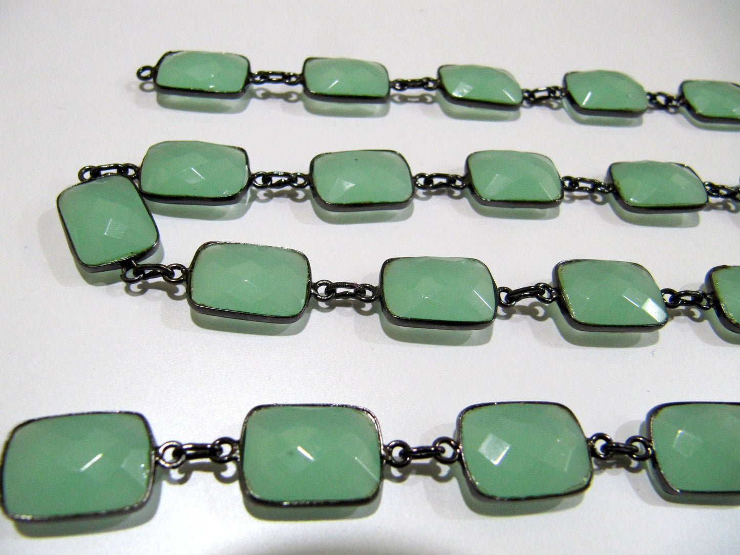 Natural Aqua Chalcedony Rectangle Shape Briolette Faceted Bezel Connector Chain 10x14mm Sold Per Foot High Quality Gemstone Handmade chain