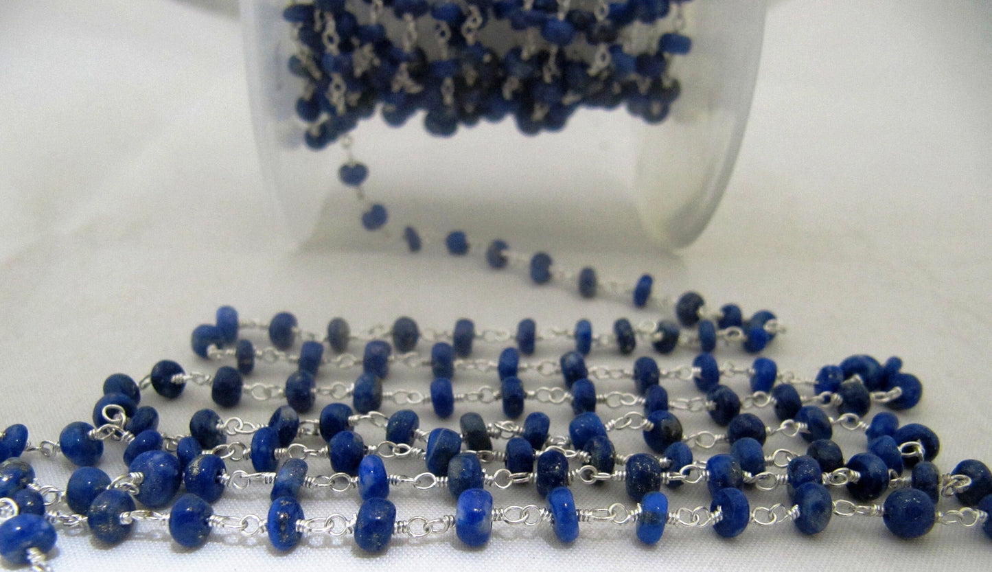 Natural lazuli Lapis Rosary Chain Smooth Beads 6 to 8mm Rondelle Wire Wrap Beaded Chain sold per Foot in Wholesale Rates sold per foot