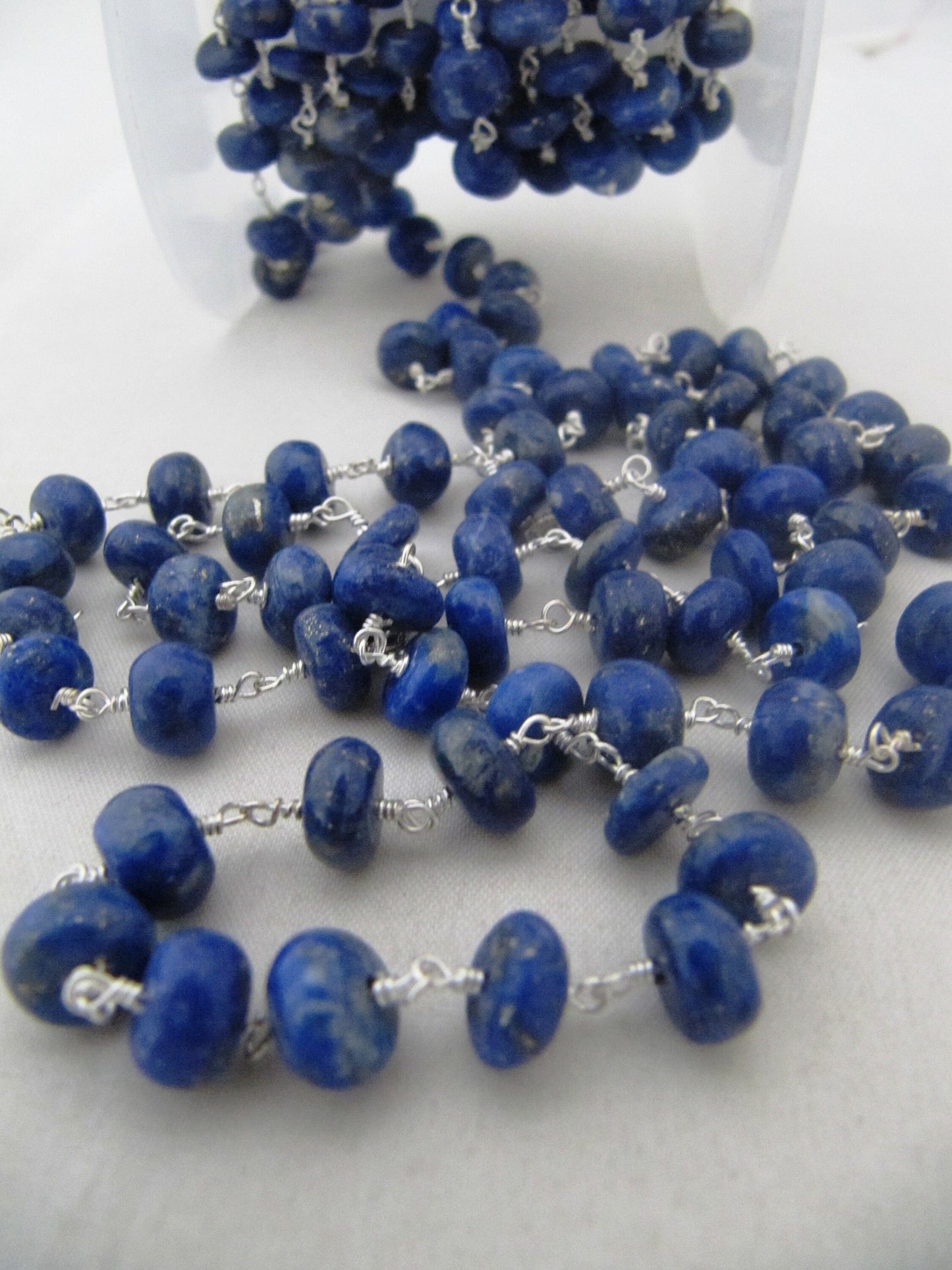 Natural lazuli Lapis Rosary Chain Smooth Beads 6 to 8mm Rondelle Wire Wrap Beaded Chain sold per Foot in Wholesale Rates sold per foot