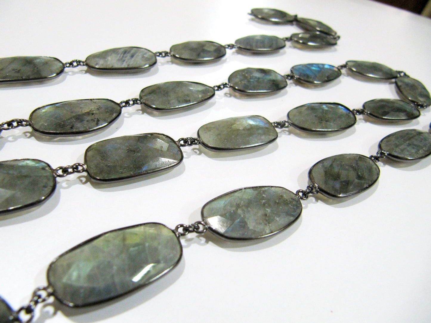 Natural Labradorite Uneven Shape Briolette faceted Bezel Connector Chain 15x27mm Approx Gold/Silver/Black/Rose gold Plated Sold Per Foot