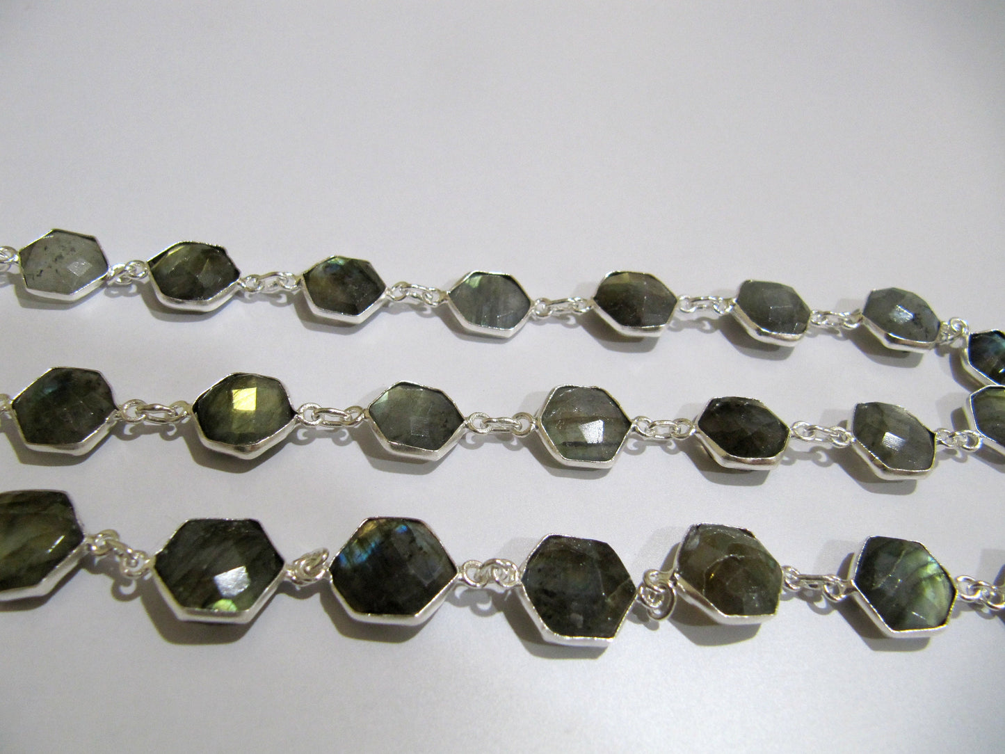 Natural Labradorite hexagon Shape Briolette faceted  Bezel Connector Chain 13 to 14mm Gold/Silver/Black/Rose Gold Plated Sold Per Foot