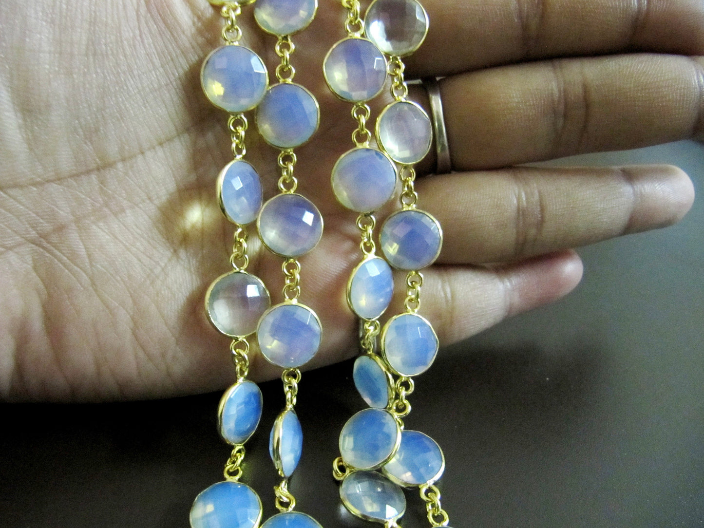 White Opal Round coin Shape Briolette  Bezel Connector Chain 11 mm  Sold Per Foot Opalite Gems Chains
