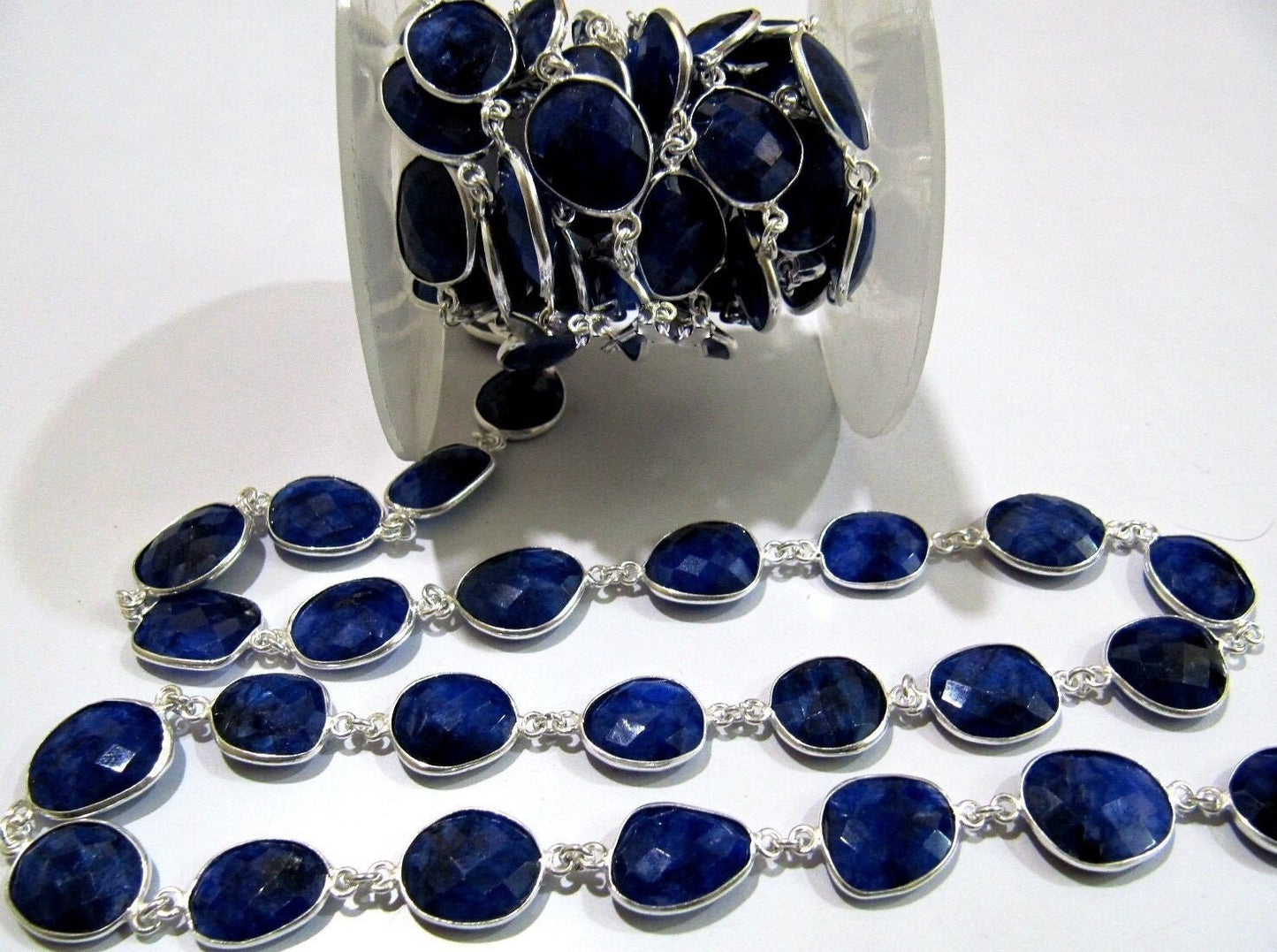 1 Foot- Blue Sapphire Briolette Connector Chain Size 12x15mm Gemstone Bezel Uneven Shape Chain Wholesale Price