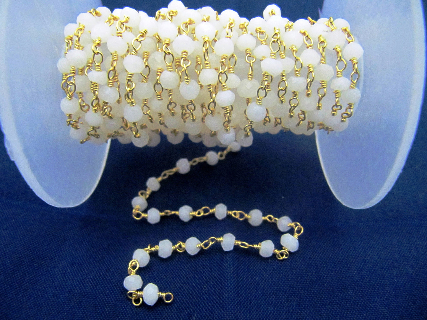 3- Feet Natural White Agate Rondelle Faceted Size 3-4mm wire wrapped  Beaded Rosary Chain Wholesale Prices Jewelry Making Gemstone chain
