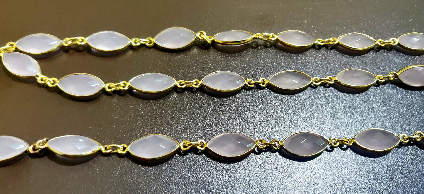 Natural Rose Quartz Marquise Shape Size 7x11mm Laser Cut Briolette Bezel Connector Chain Gold Sold Per Foot High Quality Wholesale Prices