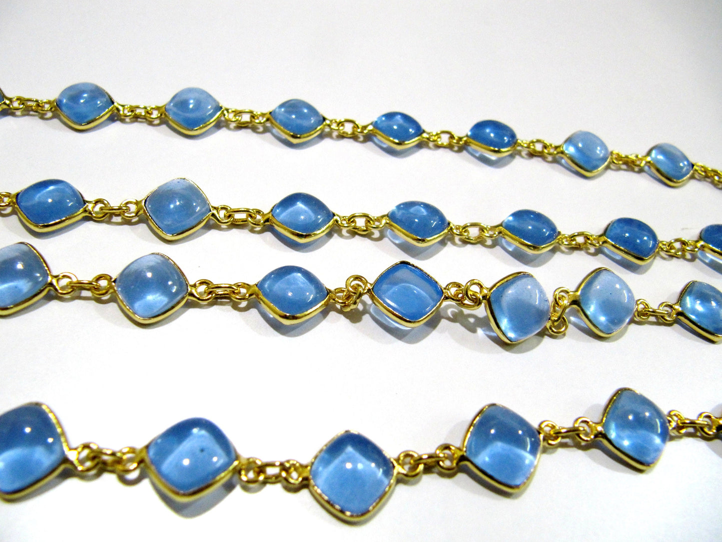 Natural Blue Chalcedony Square Shape Plain Smooth Bezel Connector Chain 11mm Gold Plated Sold Per Foot High Quality  Wholesale prices