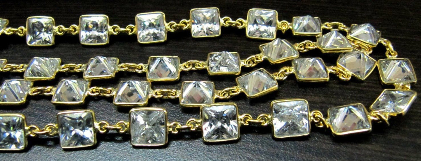 Cubic Zirconia Briolette Square Cushion Shape Size 8mm Bezel Connector Handmade Gemstone Chain sold per foot
