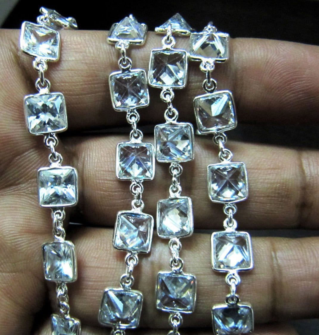 Cubic Zirconia Briolette Square Cushion Shape Size 8mm Bezel Connector Handmade Gemstone Chain sold per foot