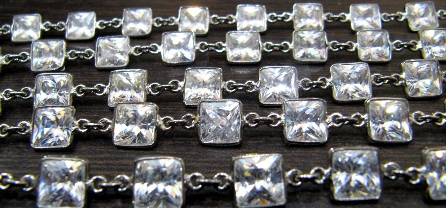 Cubic Zirconia Briolette Square Cushion Shape Size 8mm Bezel Connector Handmade Gemstone Chain sold per foot