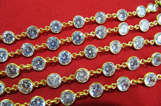 1 Foot- Cubic Zirconia Briolette Round Coin Shape Size 6mm  Bezel Gold /Silver/Black/Rose Gold Plated Handmade Tiff Connector Chain