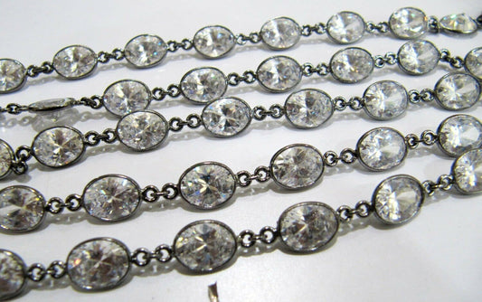 Cubic Zirconia Briolette Oval Shape 7x9mm Bezel Gold /Silver/Black/Rose Gold Plated Handmade Tiff Connector Chain sold per foot