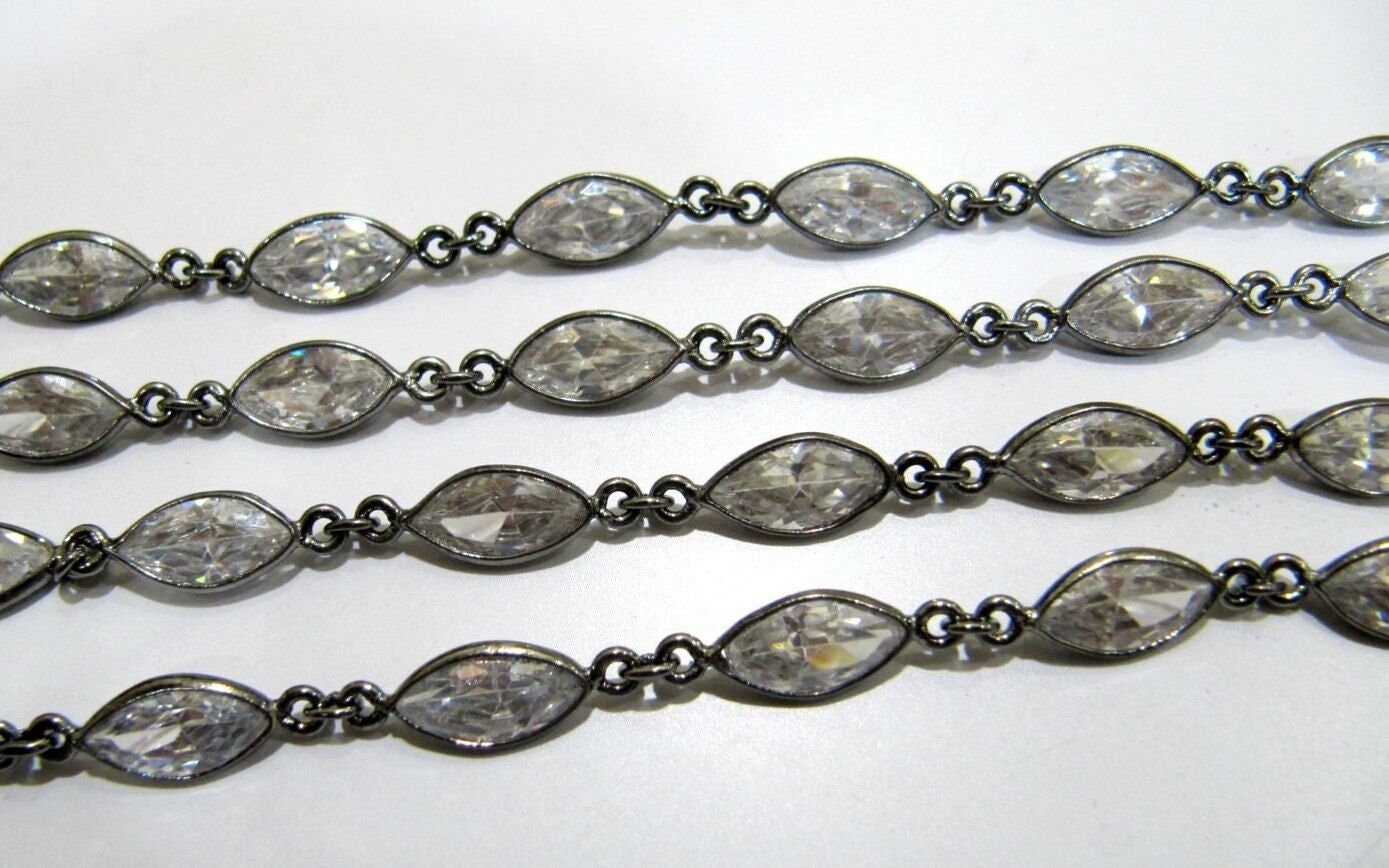Cubic Zirconia Briolette Marquise Shape Size 6x9mm Bezel Gold /Silver/Black/Rose Gold Plated Handmade Tiff Connector Chain sold per foot