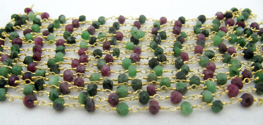 Natural Ruby Zoisite Rondelle Faceted Size 3-4mm wire wrapped Beaded Rosary Chain Wholesale Prices Gemstone Handmade chain sold per foot