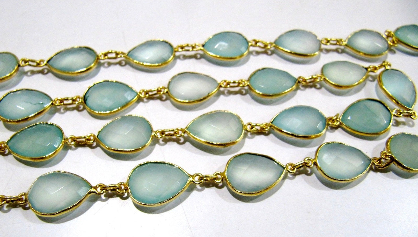 Natural Aqua Chalcedony Pear Shape Briolette Faceted Bezel Connector Chain 10x15mm  High Quality Wholesale Sold per foot