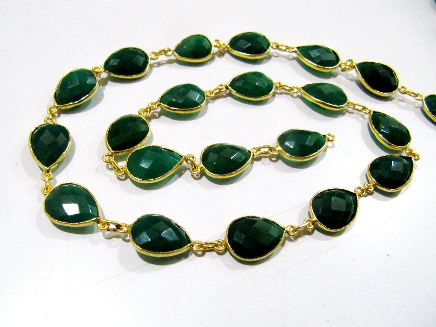 3 Feet-Natural Green Onyx Pear Shape Briolette Faceted Bezel Connector Chain 10x15mm Gold/Silver/Rose Gold/Black Plated Wholesale price