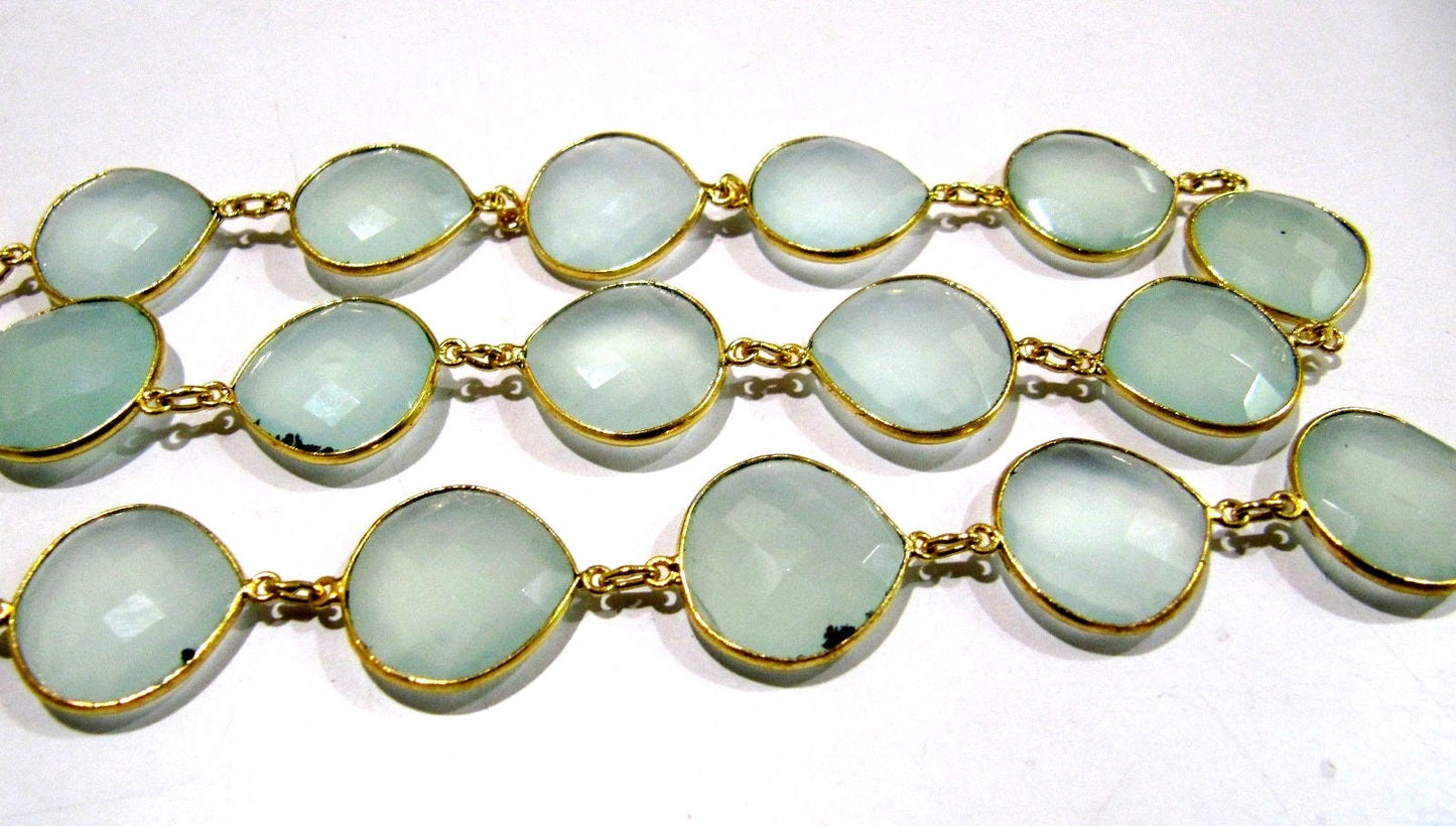 Natural Aqua Chalcedony Heart Shape Briolette Faceted Bezel Connector Chain 10 to 13mm gems chain sold per foot