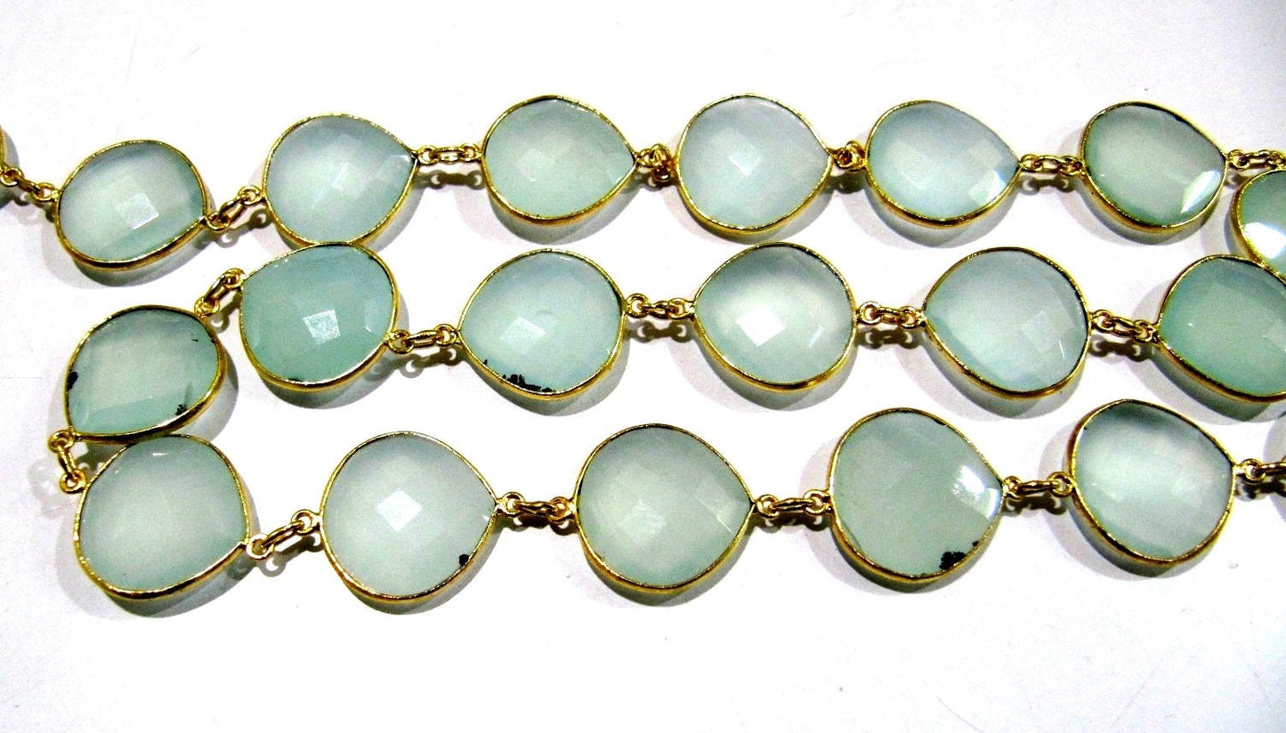 Natural Aqua Chalcedony Heart Shape Briolette Faceted Bezel Connector Chain 10 to 13mm gems chain sold per foot